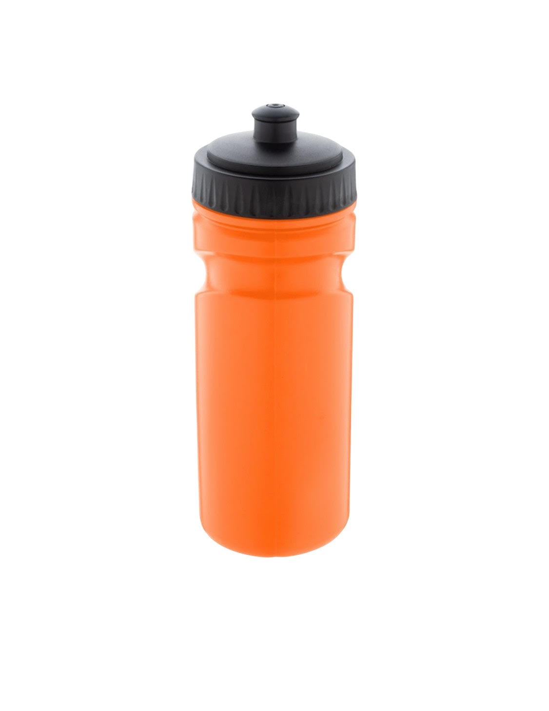 Orange water bottle with black cap on a white background