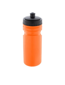 Orange water bottle with black cap on a white background