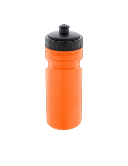 Orange water bottle with black cap on a white background