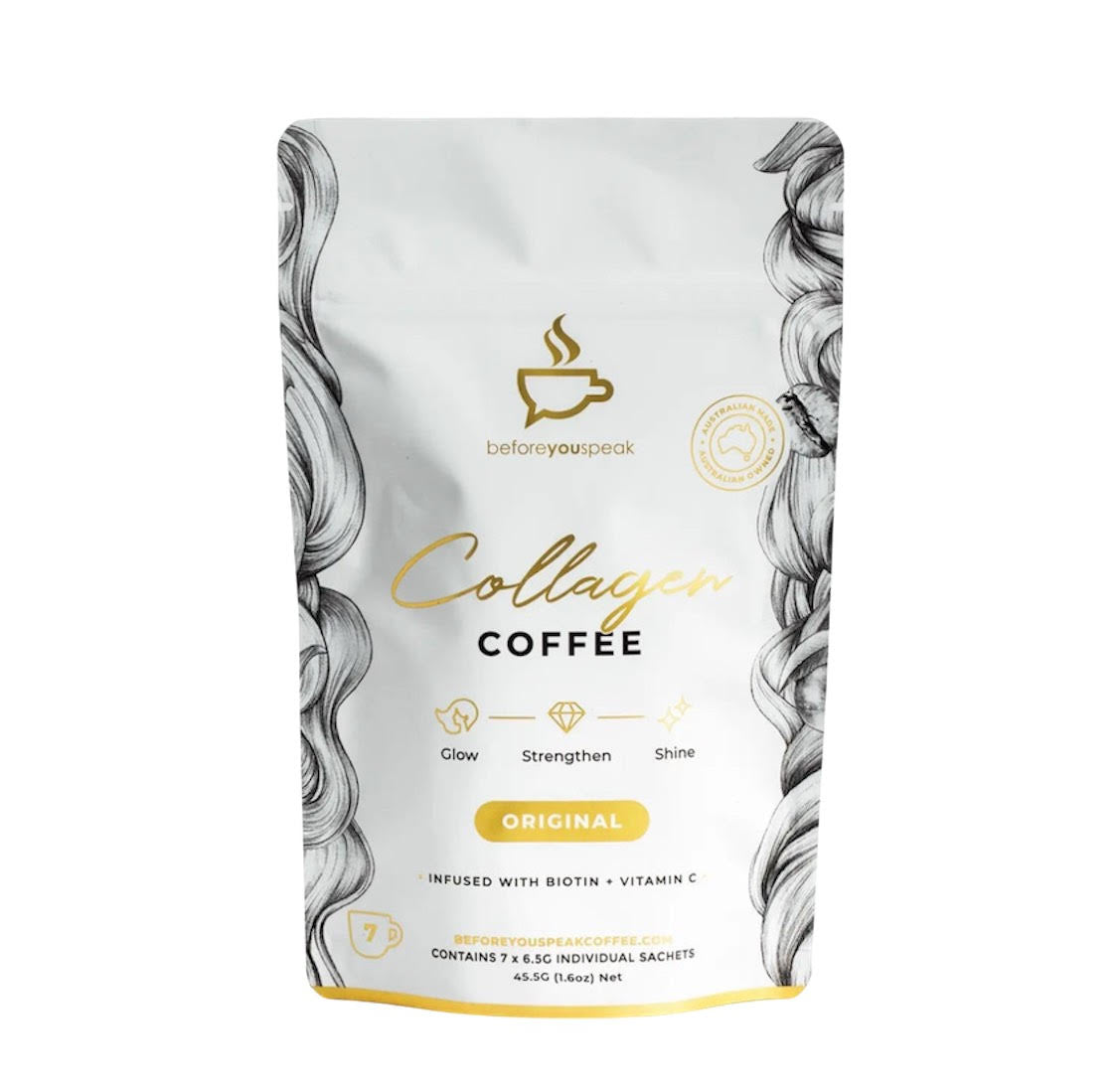 COLLAGEN Coffee for healthy lifestyle. Glow, Strengthen, Shine with original flavor. Infused with Biotin and vitamin C