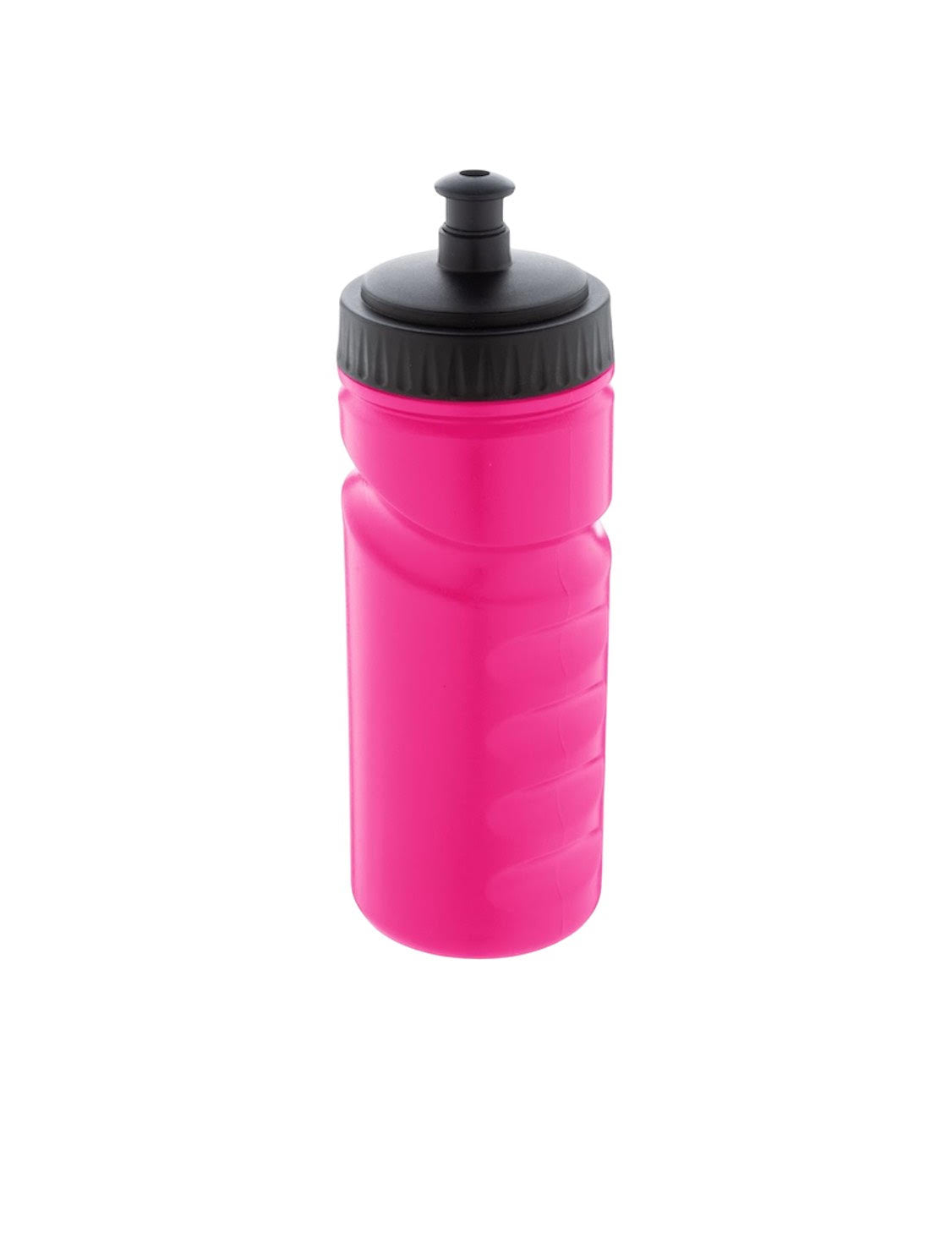 Pink water bottle with black cap on a white background