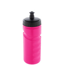 Pink water bottle with black cap on a white background