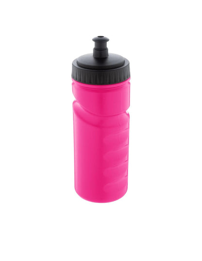 Pink water bottle with black cap on a white background
